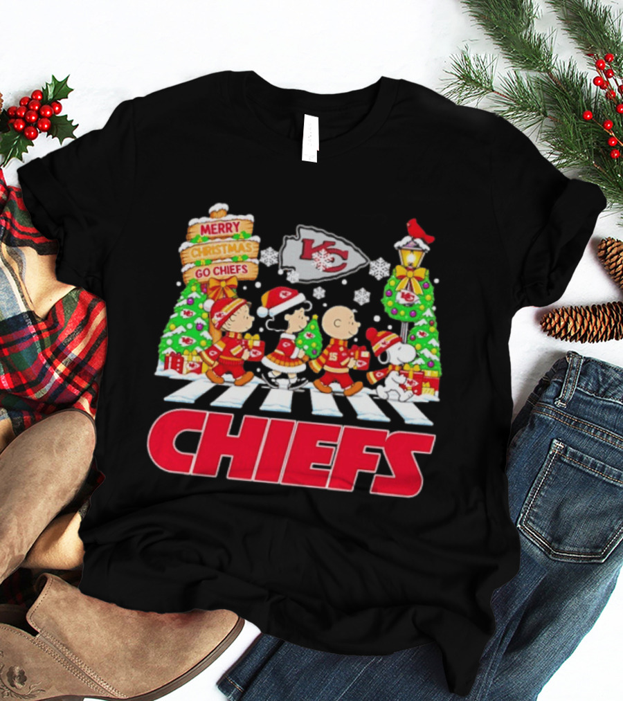 Kansas City Chiefs Peanuts Abbey Road Christmas Snowflakes Charlie Brown Snoopy T-Shirt