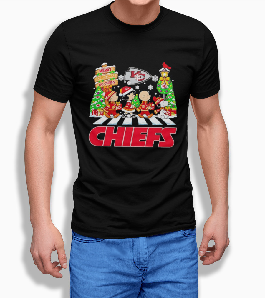 Kansas City Chiefs Peanuts Abbey Road Christmas Snowflakes Charlie Brown Snoopy T-Shirt