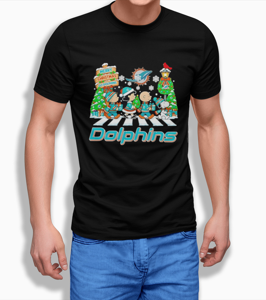 Miami Dolphins Peanuts Characters Abbey Road Christmas Scene T-Shirt