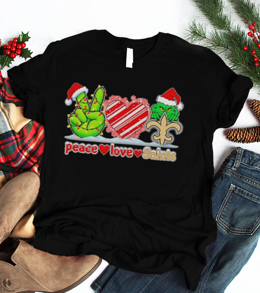 Peace Love Saints Grinch Christmas New Orleans Saints Holiday Fun T-Shirt
