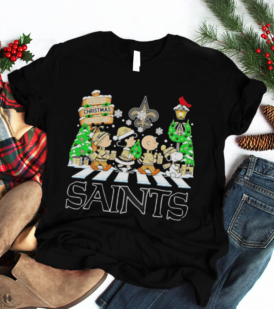 New Orleans Saints Peanuts Characters Christmas Abbey Road T-Shirt