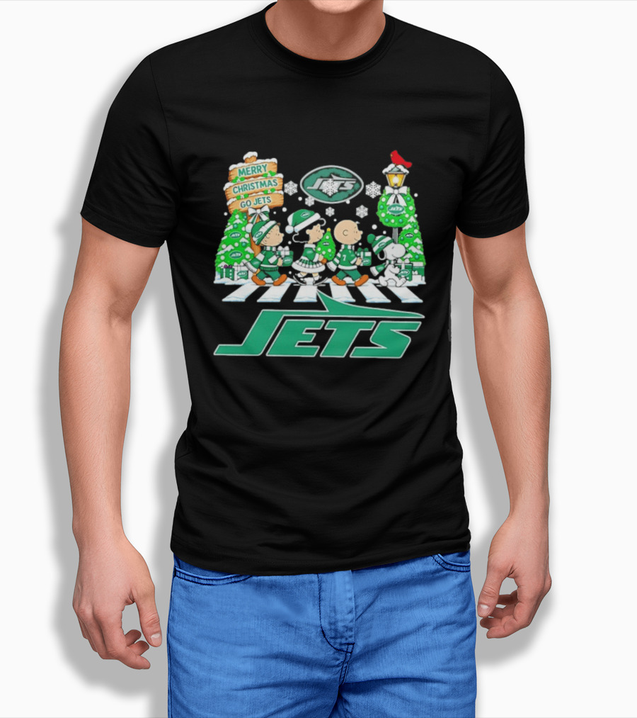 Merry Christmas Go Jets Peanuts Characters Walking Abbey Road Snowflakes T-Shirt