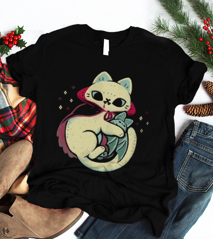 Vampire Cat Cuddles Bat With Cloak And Fangs T-Shirt