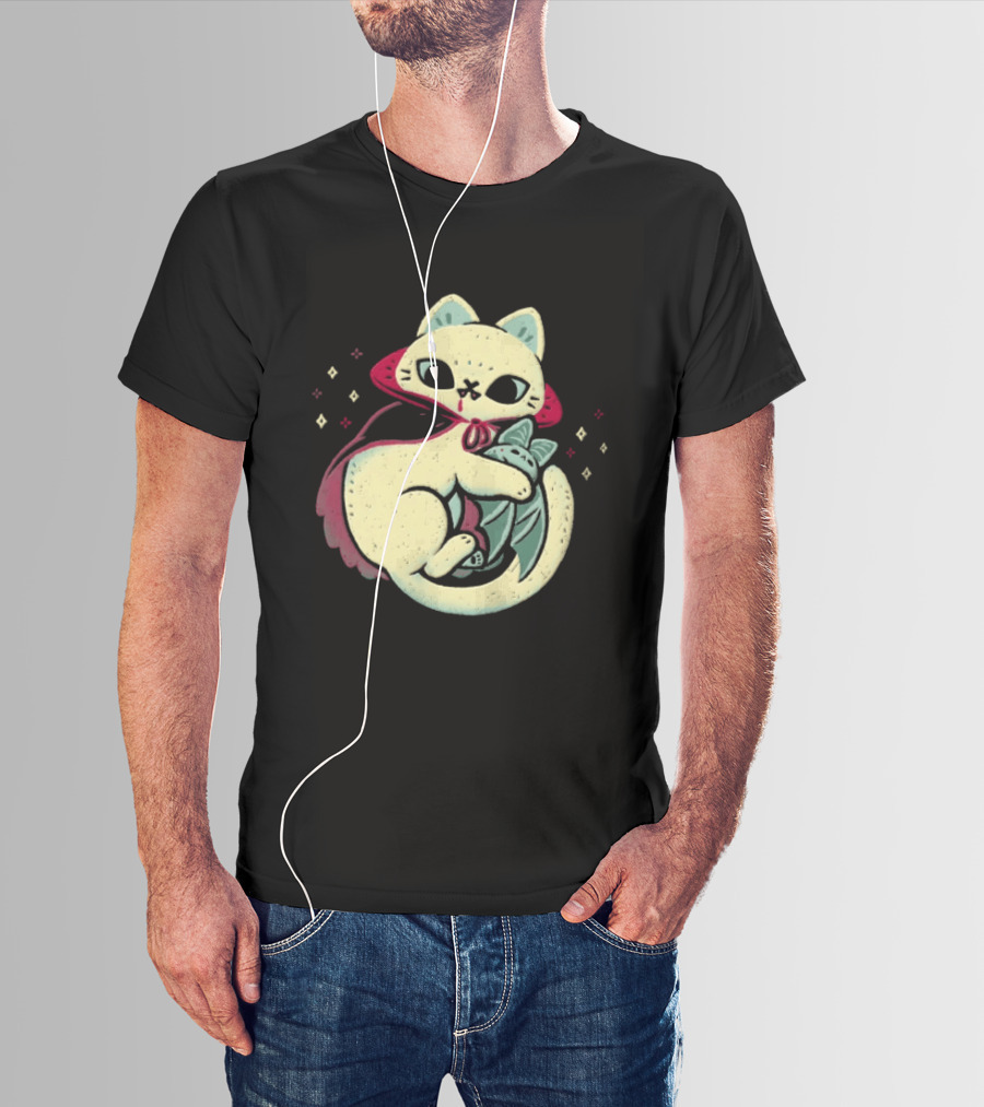 Vampire Cat Cuddles Bat With Cloak And Fangs T-Shirt
