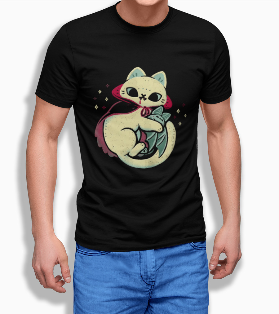 Vampire Cat Cuddles Bat With Cloak And Fangs T-Shirt