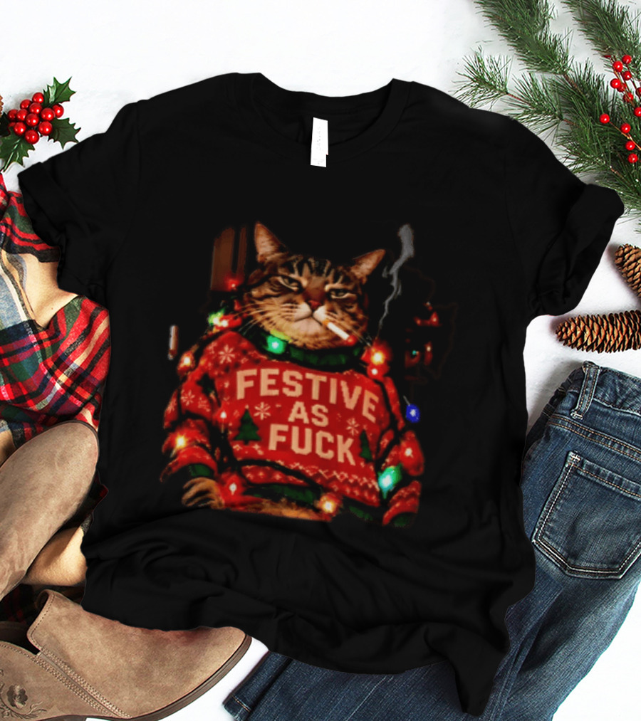 Festive As Fuck Smoking Cat Christmas Sweater Light Up Holiday Joke T-Shirt