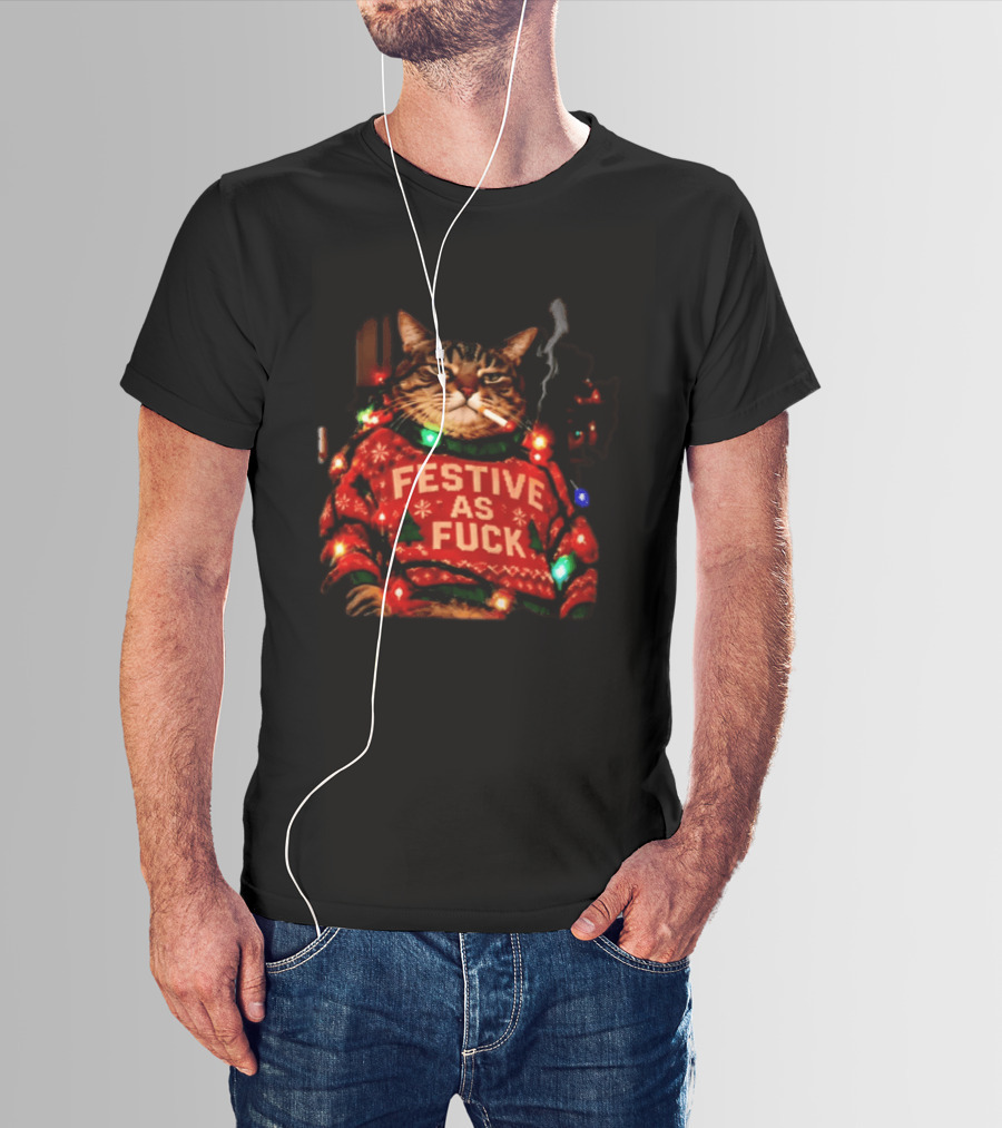 Festive As Fuck Smoking Cat Christmas Sweater Light Up Holiday Joke T-Shirt