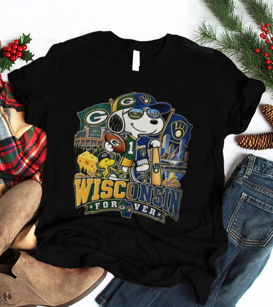Wisconsin Forever Snoopy Green Bay Packers Milwaukee Brewers Sports Fan Collection T-Shirt