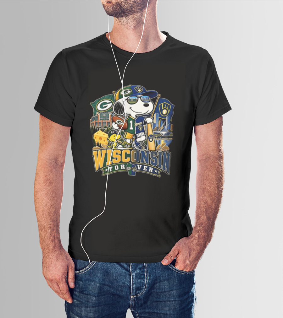 Wisconsin Forever Snoopy Green Bay Packers Milwaukee Brewers Sports Fan Collection T-Shirt