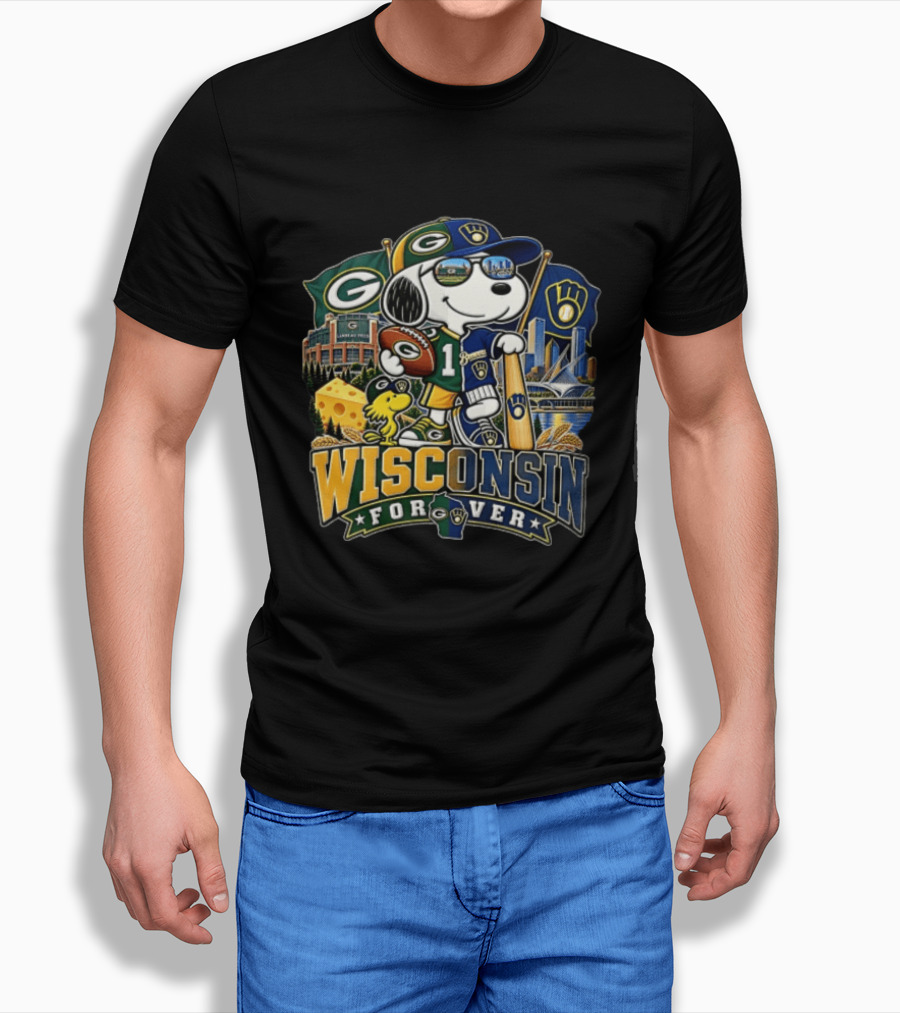 Wisconsin Forever Snoopy Green Bay Packers Milwaukee Brewers Sports Fan Collection T-Shirt