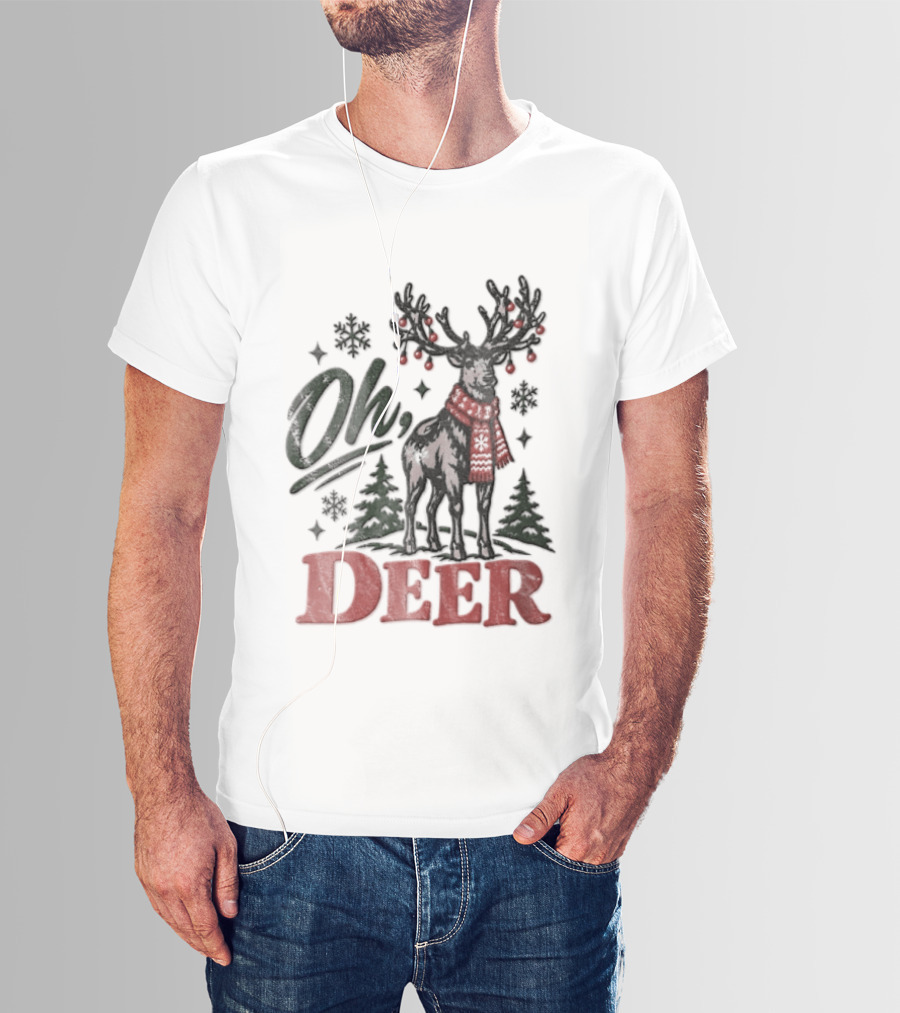 Oh Deer Christmas Reindeer With Holiday Scarf And Snowflakes T-Shirt