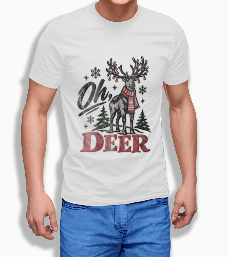 Oh Deer Christmas Reindeer With Holiday Scarf And Snowflakes T-Shirt