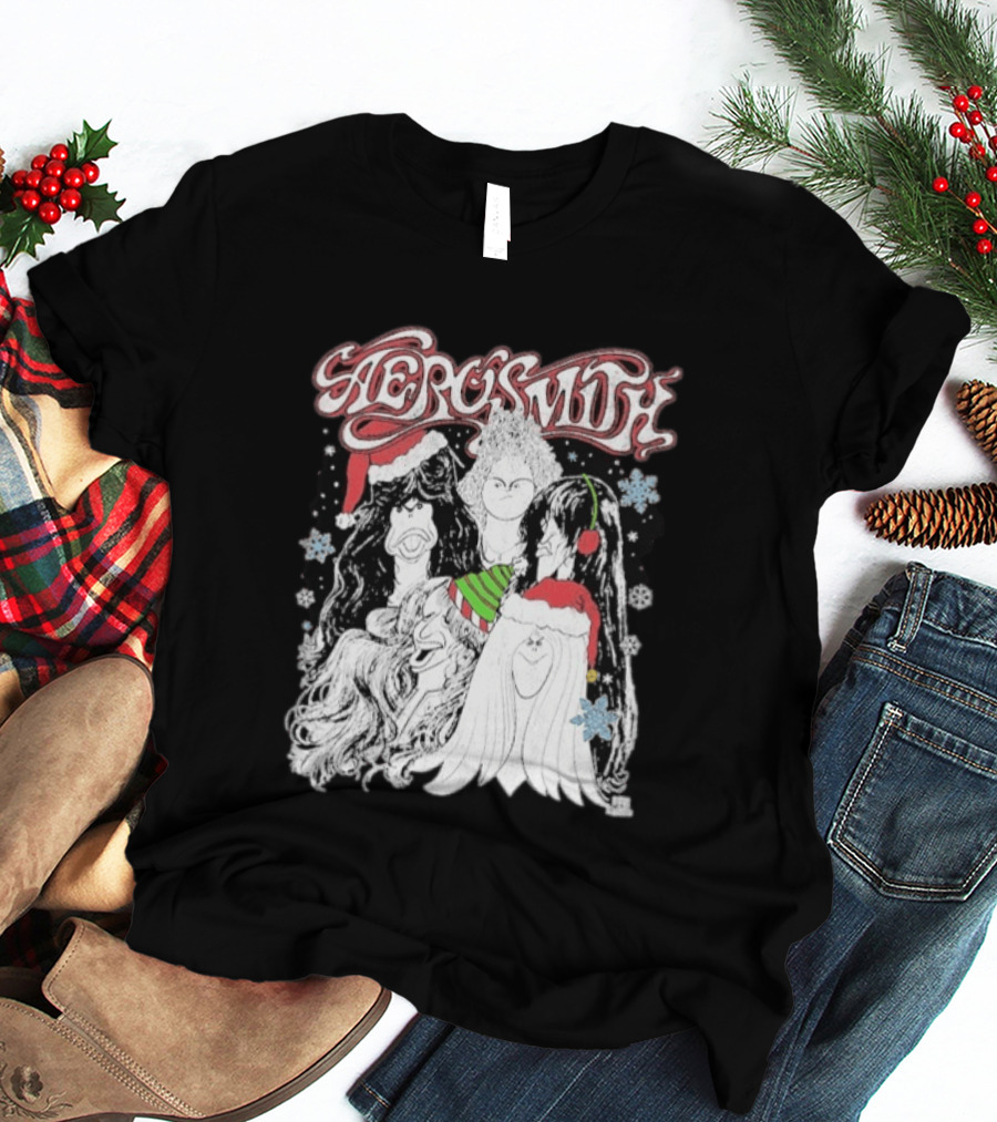 Aerosmith Draw The Line Christmas Santa Hats Snowflakes T-Shirt