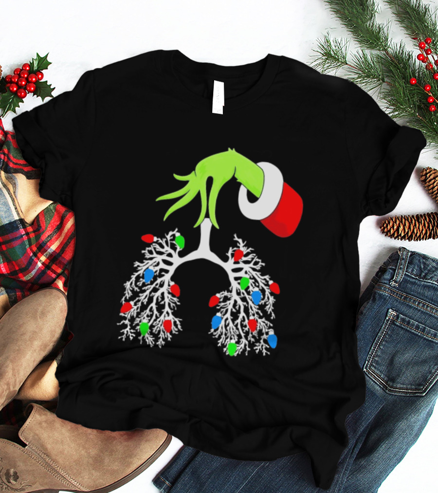 Grinch Hand Holding Christmas Lights Lung Festive T-Shirt