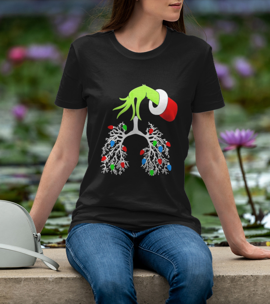 Grinch Hand Holding Christmas Lights Lung Festive T-Shirt
