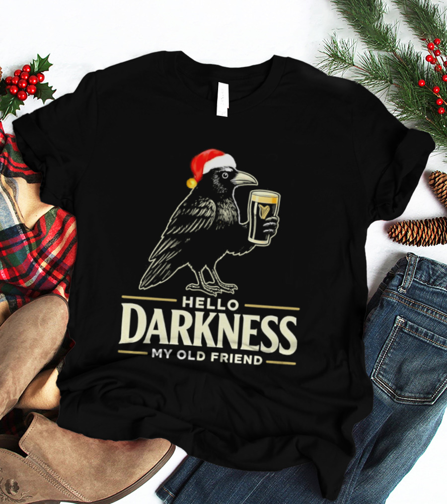 Raven Hello Darkness My Old Friend Christmas Beer Santa Hat T-Shirt