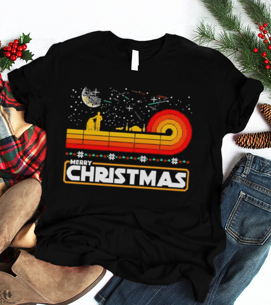 Star Wars R2 D2 Luke Skywalker Merry Christmas Retro Sunset T-Shirt