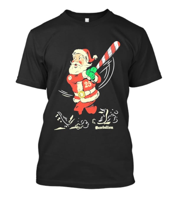Swinging Santa Baseballism Holiday Christmas Santa Claus With Candy Cane Bat T-Shirt