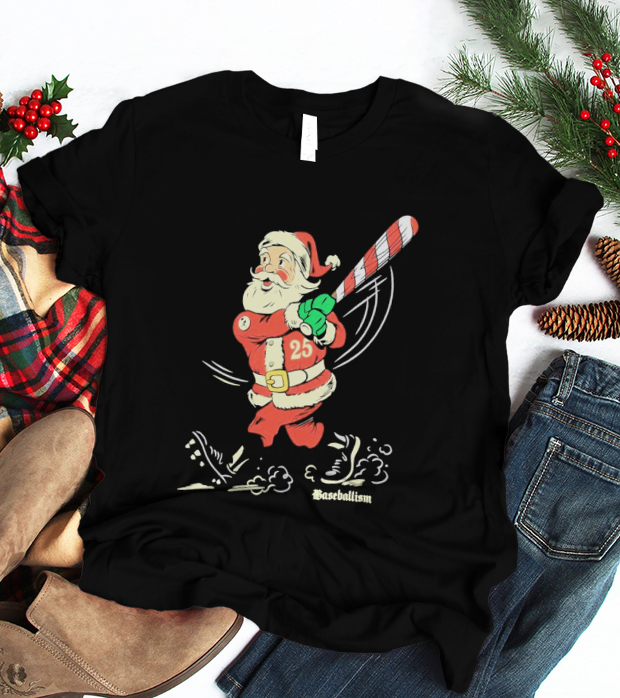 Swinging Santa Baseballism Holiday Christmas Santa Claus With Candy Cane Bat T-Shirt