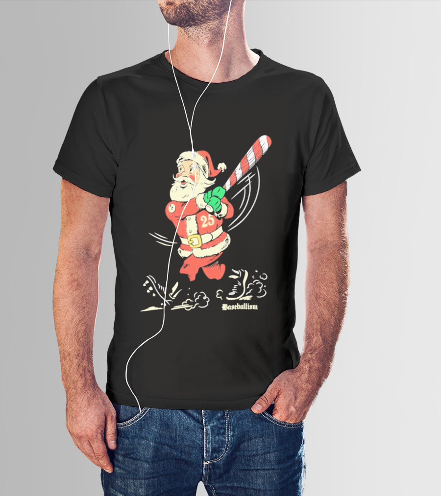 Swinging Santa Baseballism Holiday Christmas Santa Claus With Candy Cane Bat T-Shirt