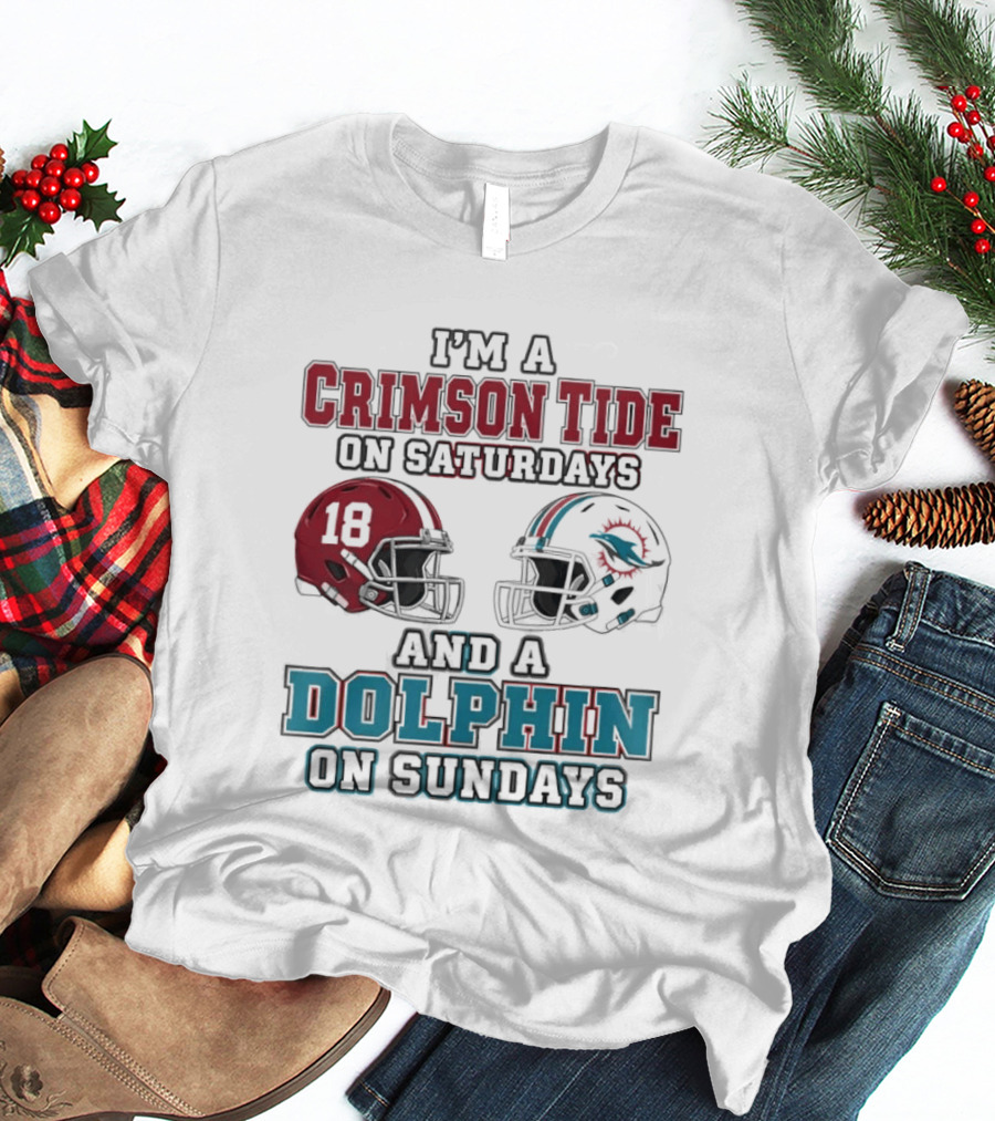 Crimson Tide Saturdays And Dolphin Sundays Football Helmets Fan Gear T-Shirt