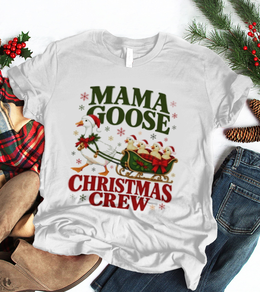 Mama Goose Christmas Crew Holiday Geese And Sleigh Festive T-Shirt