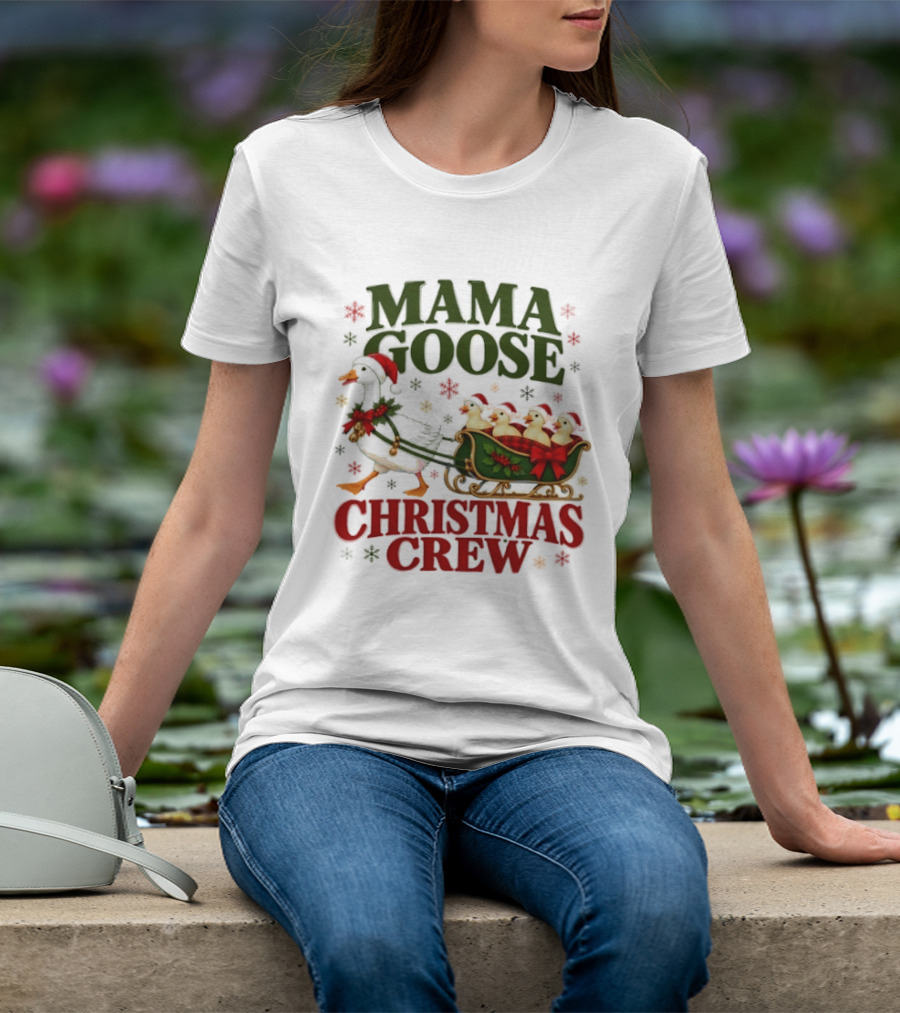Mama Goose Christmas Crew Holiday Geese And Sleigh Festive T-Shirt