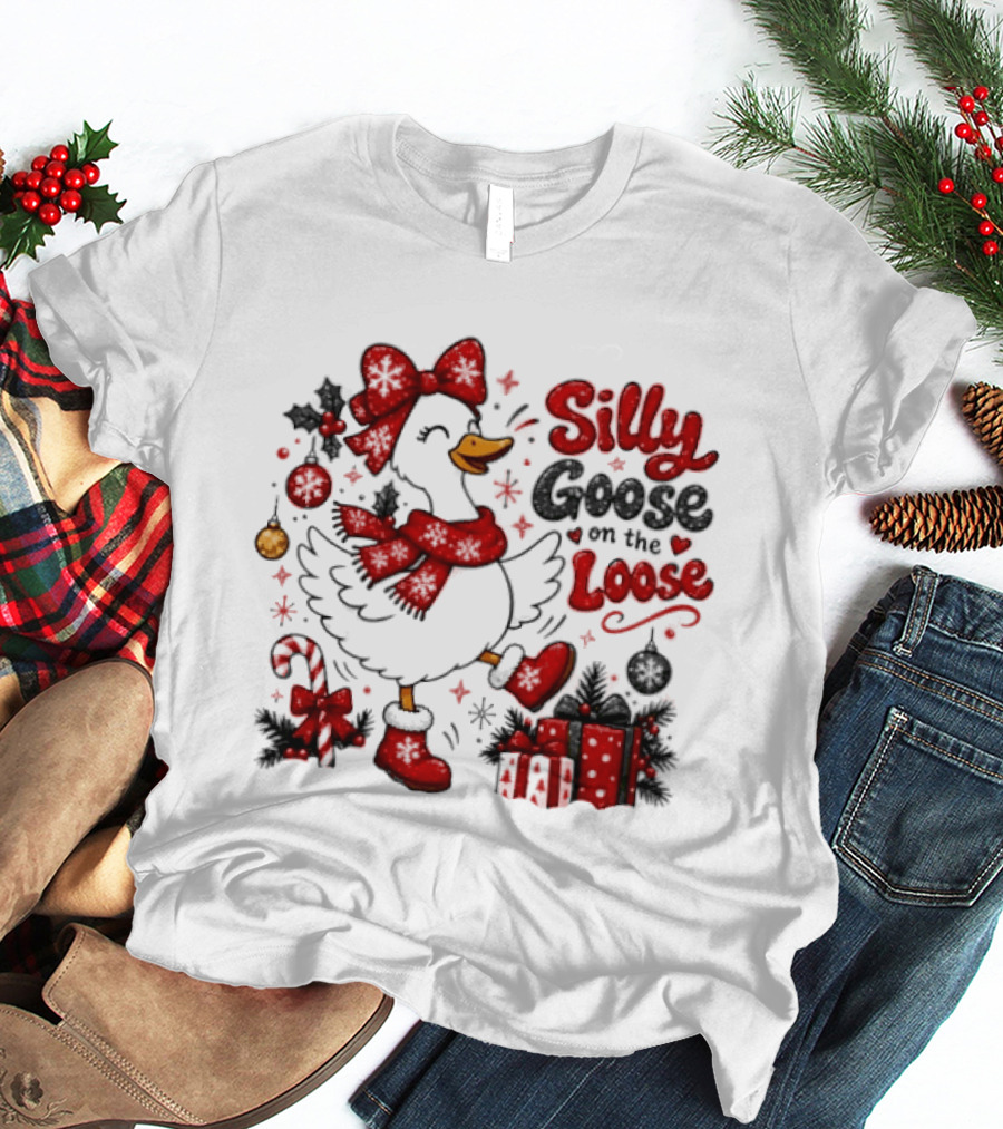 Silly Goose On The Loose Christmas Holiday Goose With Presents And Candy Cane T-Shirt