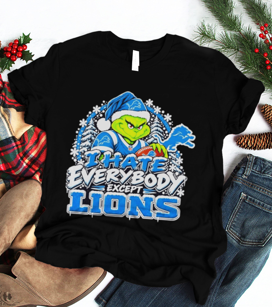 I Hate Everybody Except Detroit Lions Grinch Christmas Football T-Shirt