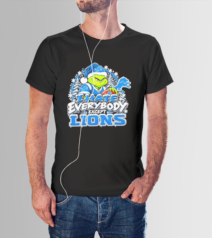 I Hate Everybody Except Detroit Lions Grinch Christmas Football T-Shirt