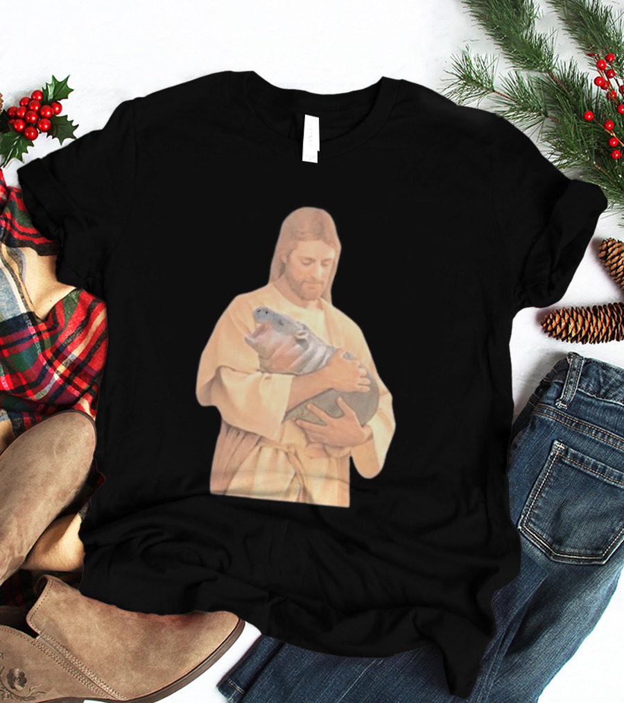 Jesus Moo Deng Hippopotamus Embrace T-Shirt