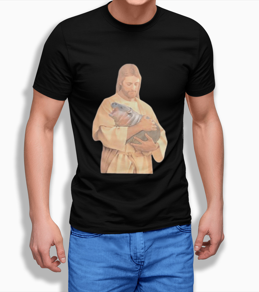 Jesus Moo Deng Hippopotamus Embrace T-Shirt