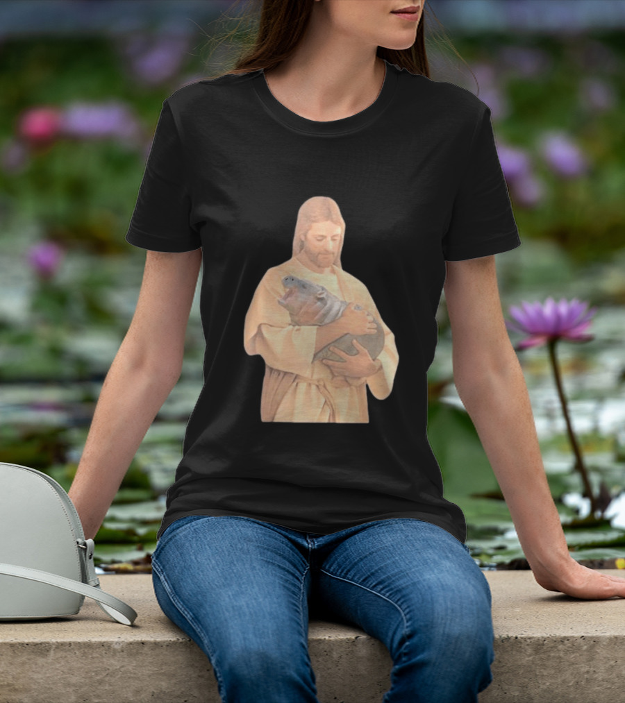 Jesus Moo Deng Hippopotamus Embrace T-Shirt
