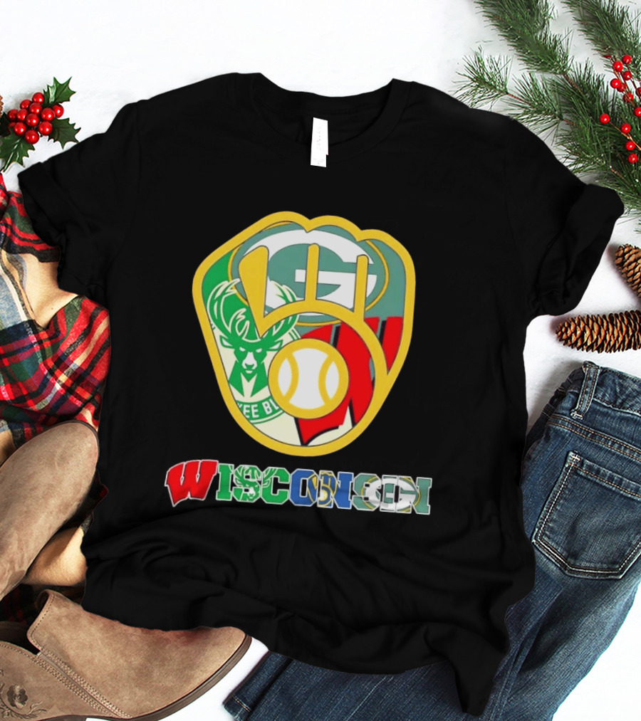 Wisconsin Green Bay Packers Milwaukee Bucks Brewers Collage T-Shirt
