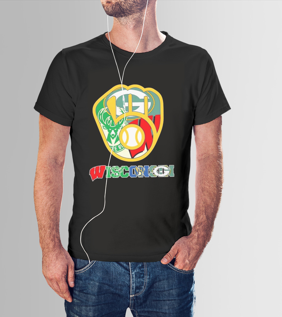 Wisconsin Green Bay Packers Milwaukee Bucks Brewers Collage T-Shirt