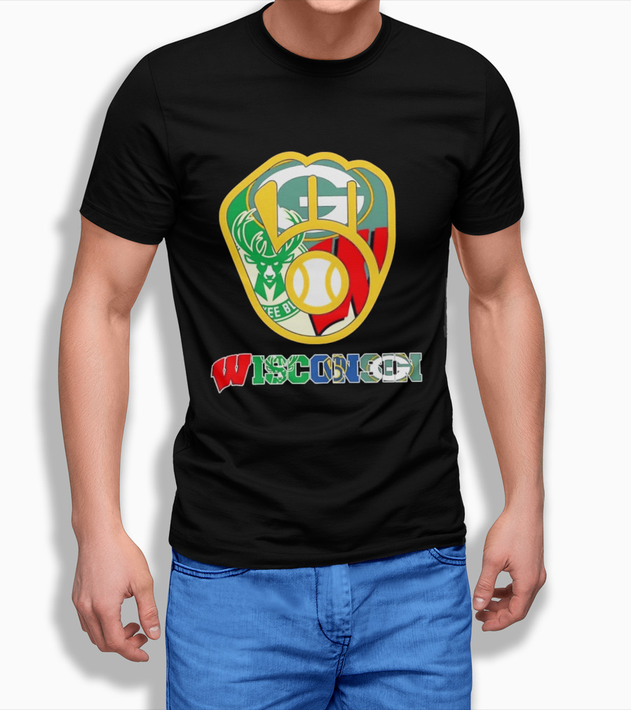 Wisconsin Green Bay Packers Milwaukee Bucks Brewers Collage T-Shirt