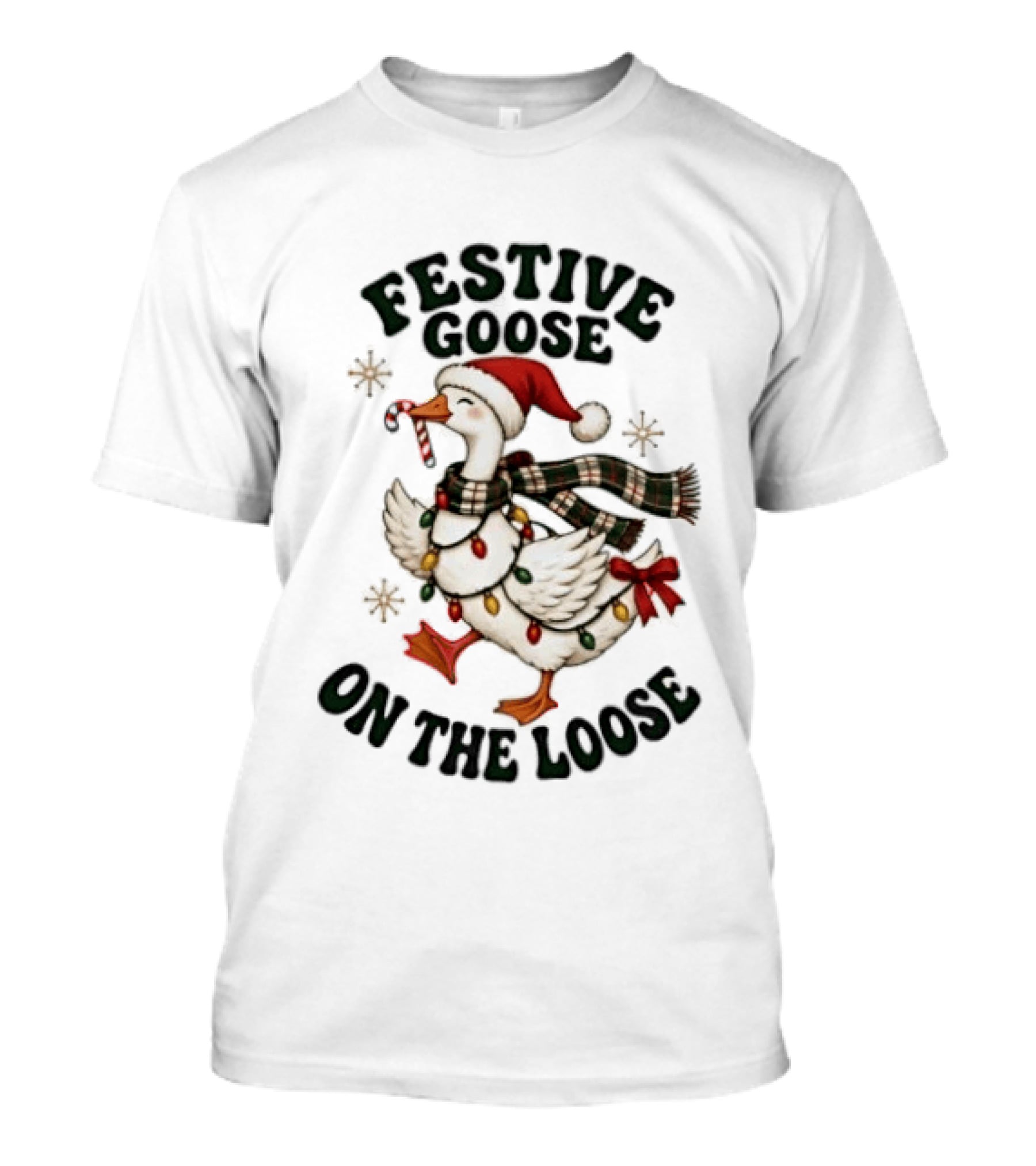Festive Goose On The Loose Christmas Holiday Lights Scarf Snowflakes T-Shirt