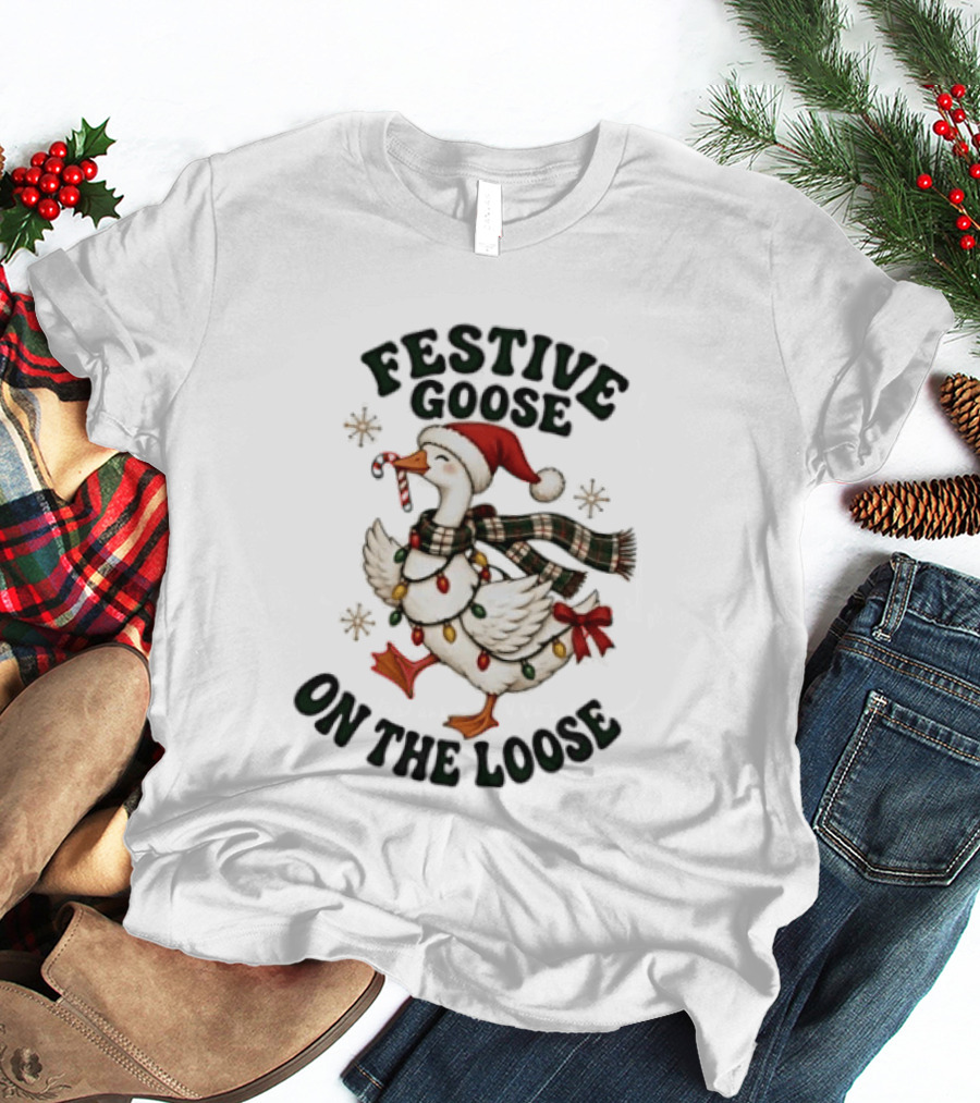 Festive Goose On The Loose Christmas Holiday Lights Scarf Snowflakes T-Shirt