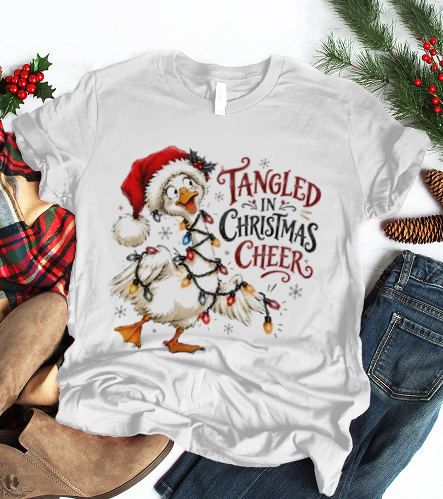 Tangled In Christmas Cheer Goose With Holiday Lights And Santa Hat T-Shirt