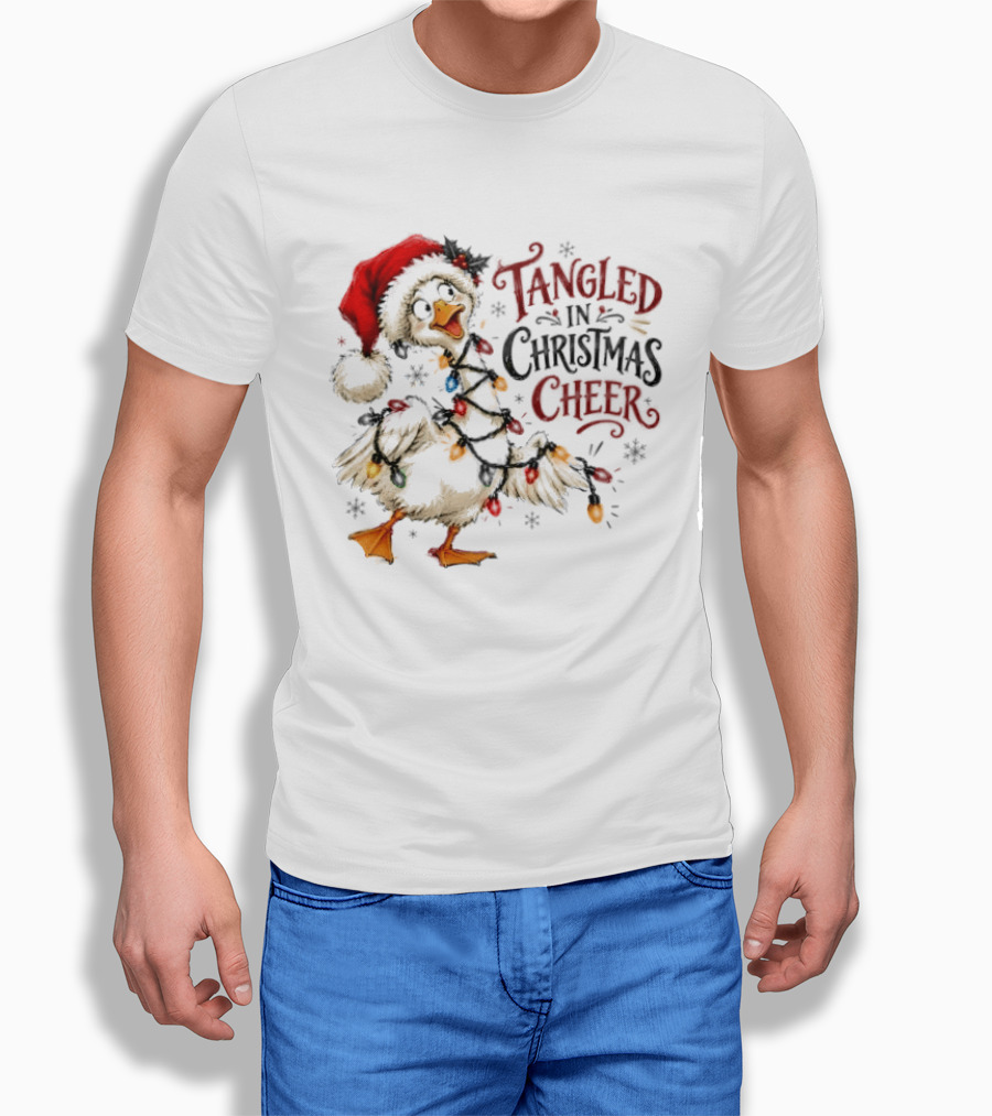 Tangled In Christmas Cheer Goose With Holiday Lights And Santa Hat T-Shirt