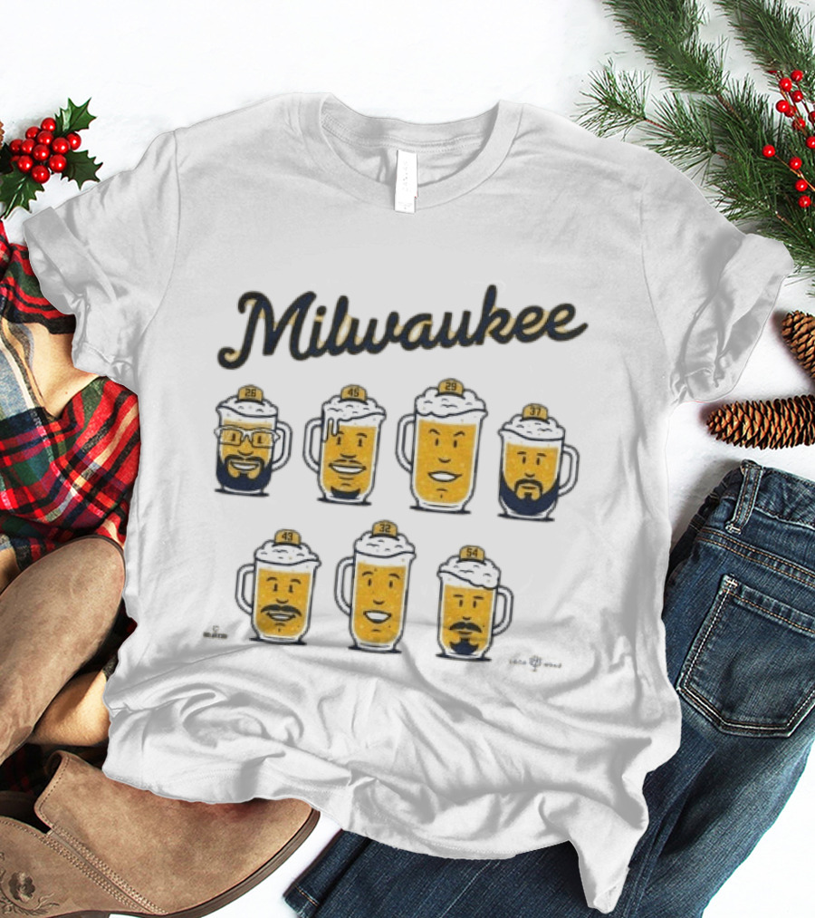 Milwaukee Brewers Beer Characters With Numbers 26 40 43 29 37 32 54 T-Shirt