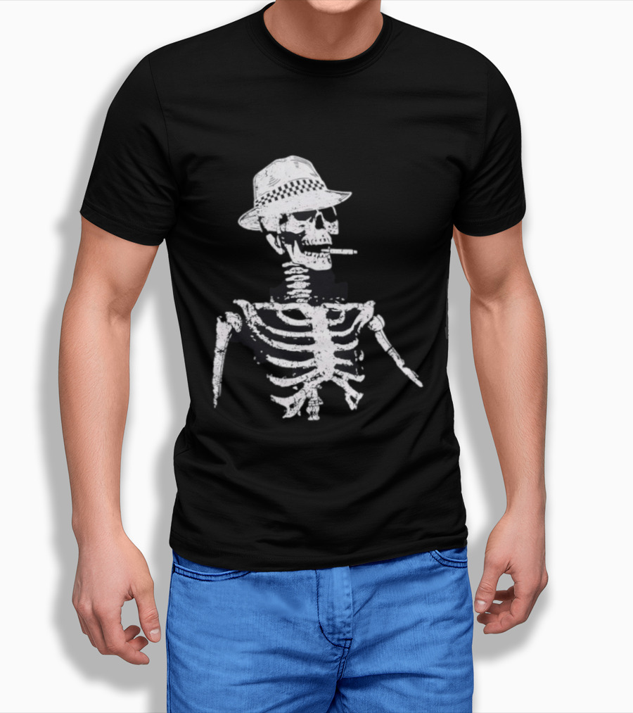 Horrible Skull With Hat And Cigarette Detailed Skeleton T-Shirt
