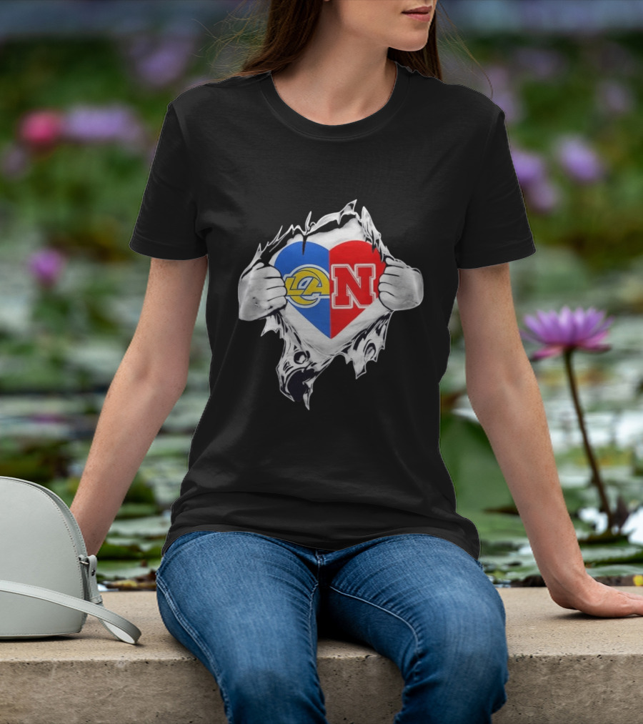 Los Angeles Rams Nebraska Cornhuskers Ripped Heart Fusion T-Shirt