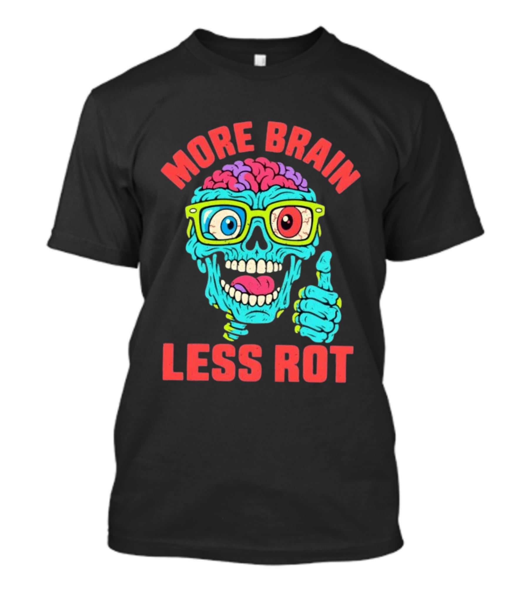 More Brain Less Rot Colorful Zombie Skull With Glasses Nerdy T-Shirt