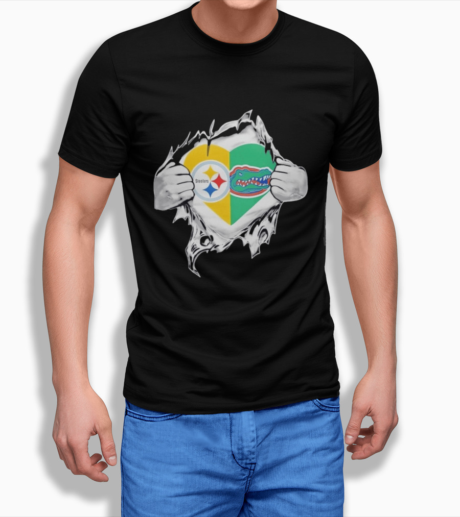 Pittsburgh Steelers Florida Gators Heart Tear Graphic Football Sports Fan T-Shirt