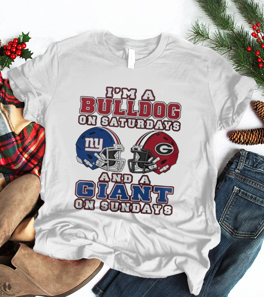 Bulldog On Saturdays Giant On Sundays Football Helmets NY And G T-Shirt