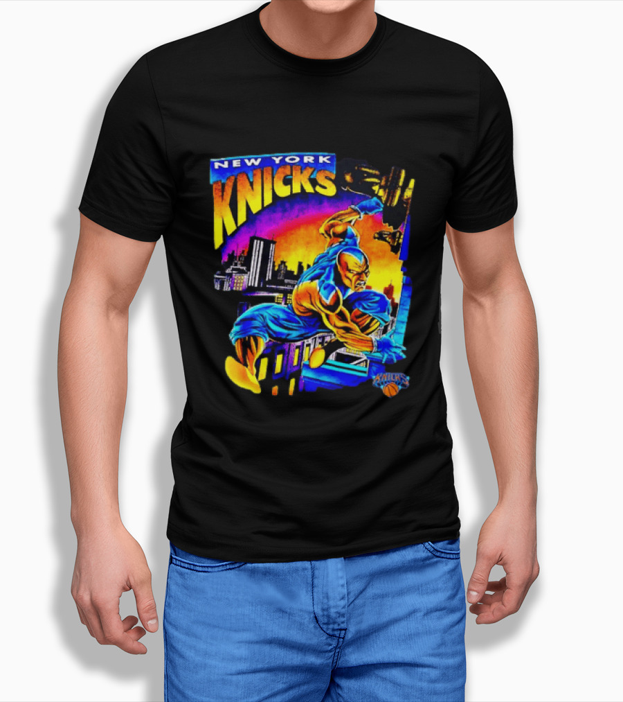 New York Knicks Superhero Action Skyline Scene T-Shirt
