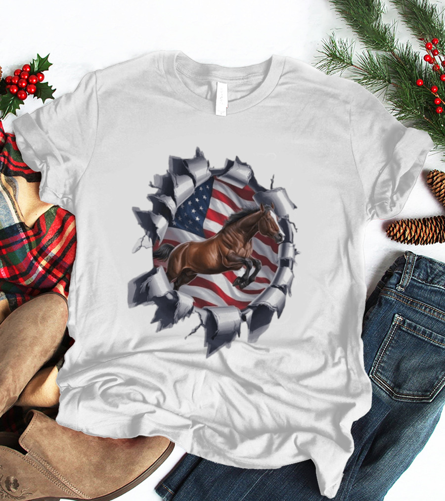 Escaping Horse With American Flag Background 3D Effect T-Shirt