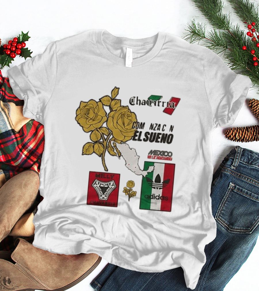 Mexico Willy Chavarria Adidas Comienza Con El Sueno 2026 Collaboration Gold Roses Map Mexican Flag T-Shirt