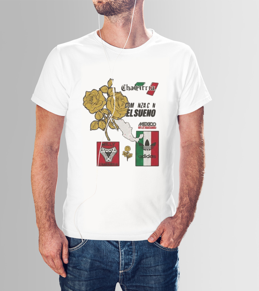 Mexico Willy Chavarria Adidas Comienza Con El Sueno 2026 Collaboration Gold Roses Map Mexican Flag T-Shirt
